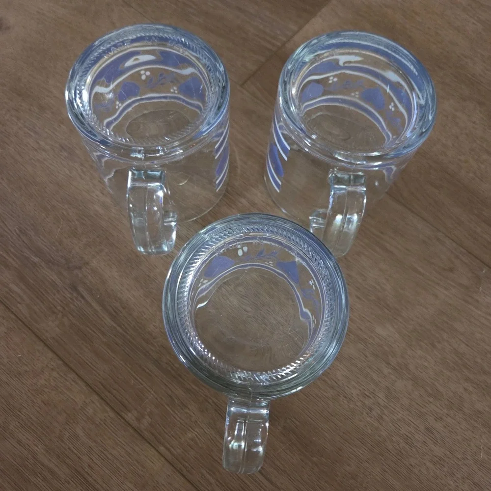 Vintage French Glass‎ Heart Mugs Set of 3 Blue White Stripe Clear